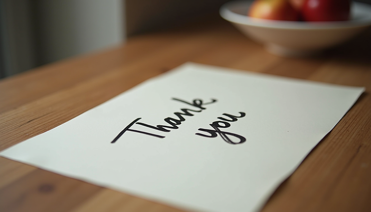 Close-up view of a handwritten thank-you note on a wooden table