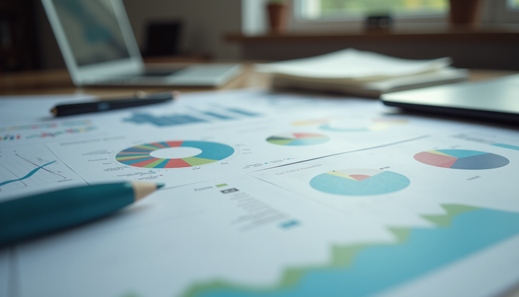 Eye-level view of a cluttered desk with scattered marketing notes and charts