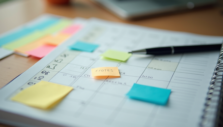 High angle view of a calendar planner with colorful notes and a pen