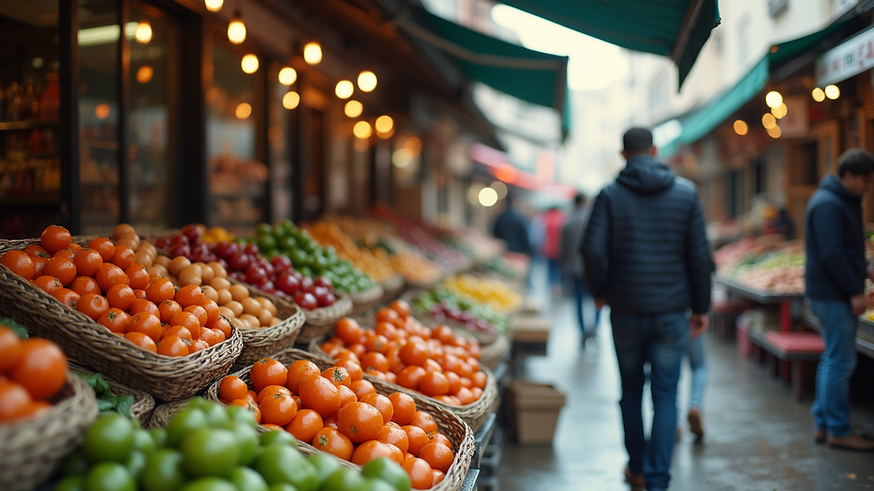 High-angle view of a vibrant local market with varied products