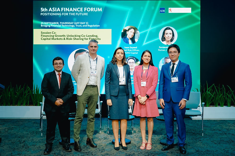 From left: the moderator, Apurva Kumar, Senior Investment Specialist, ADB; along with the panelists Luke Boland, Head of Fintech Asia, Standard Chartered Bank; Fernanda Lima, Partner, LeapFrog; Irem Sayeed, Chief Risk Officer, UGRO Capital; and Gabby Lacuesta, Chief Financial Officer, Fuse Financing Inc. in the panel discussion of “Financing Growth: Unlocking Co-Lending, Capital Markets & Risk-Sharing for Fintechs”
