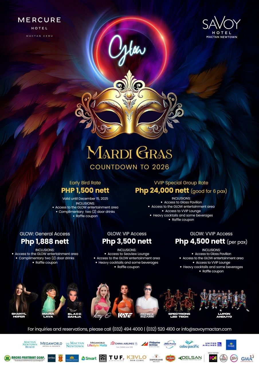 Ring in the new year with Cebu’s ultimate beachside countdown, GLOW: Mardi Gras – Countdown to 2026!