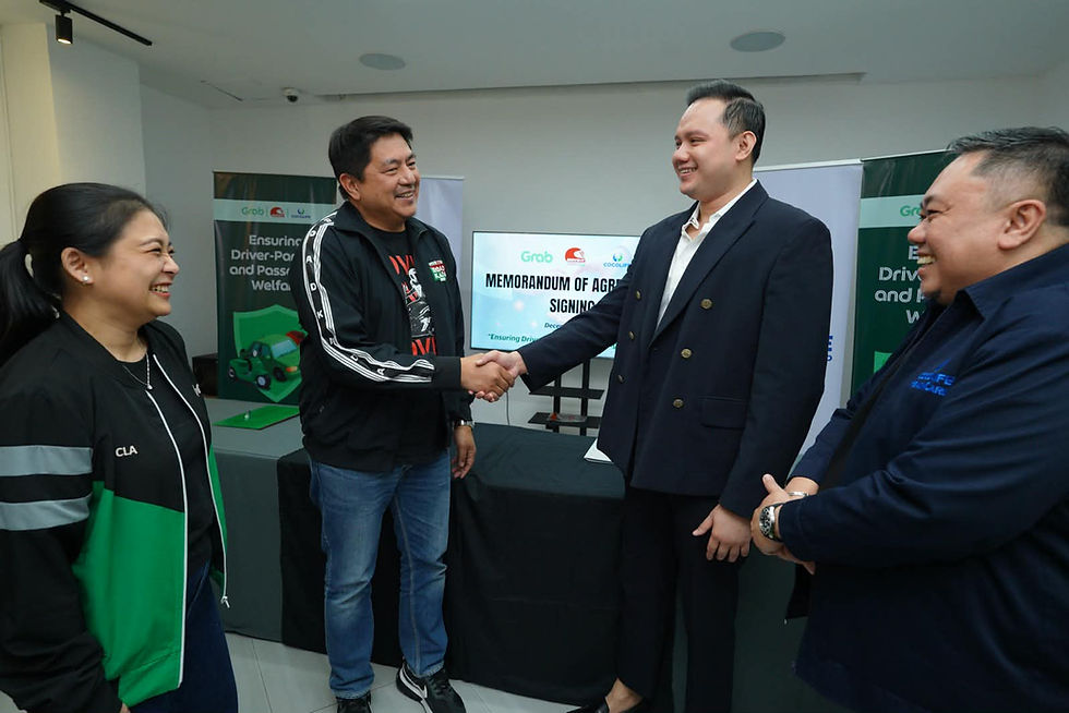 In photo are, from left, Clarize Morito, Grab Philippines Head of Central Operations; Wayne Jacinto, MOVE IT General Manager; COCOLIFE Healthcare Division Head Atty. Alloysius Yebra; and First Vice President and Head of Sales and Marketing Department Christopher V. Tan following the signing of the memorandum of agreement between the on-demand service platforms and COCOLIFE.