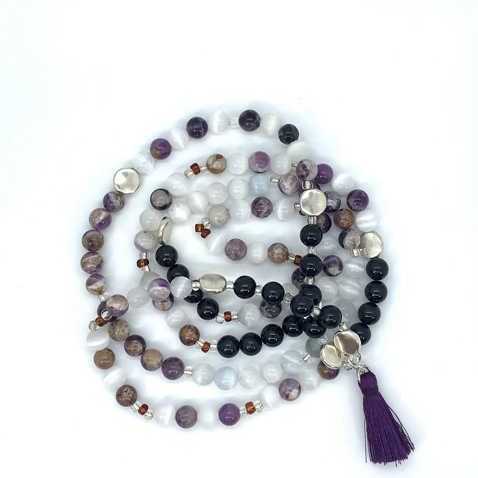 Thumbnail: Black Tourmaline, Chevron Amethyst, and Selenite 108- Mala Beads -8mm