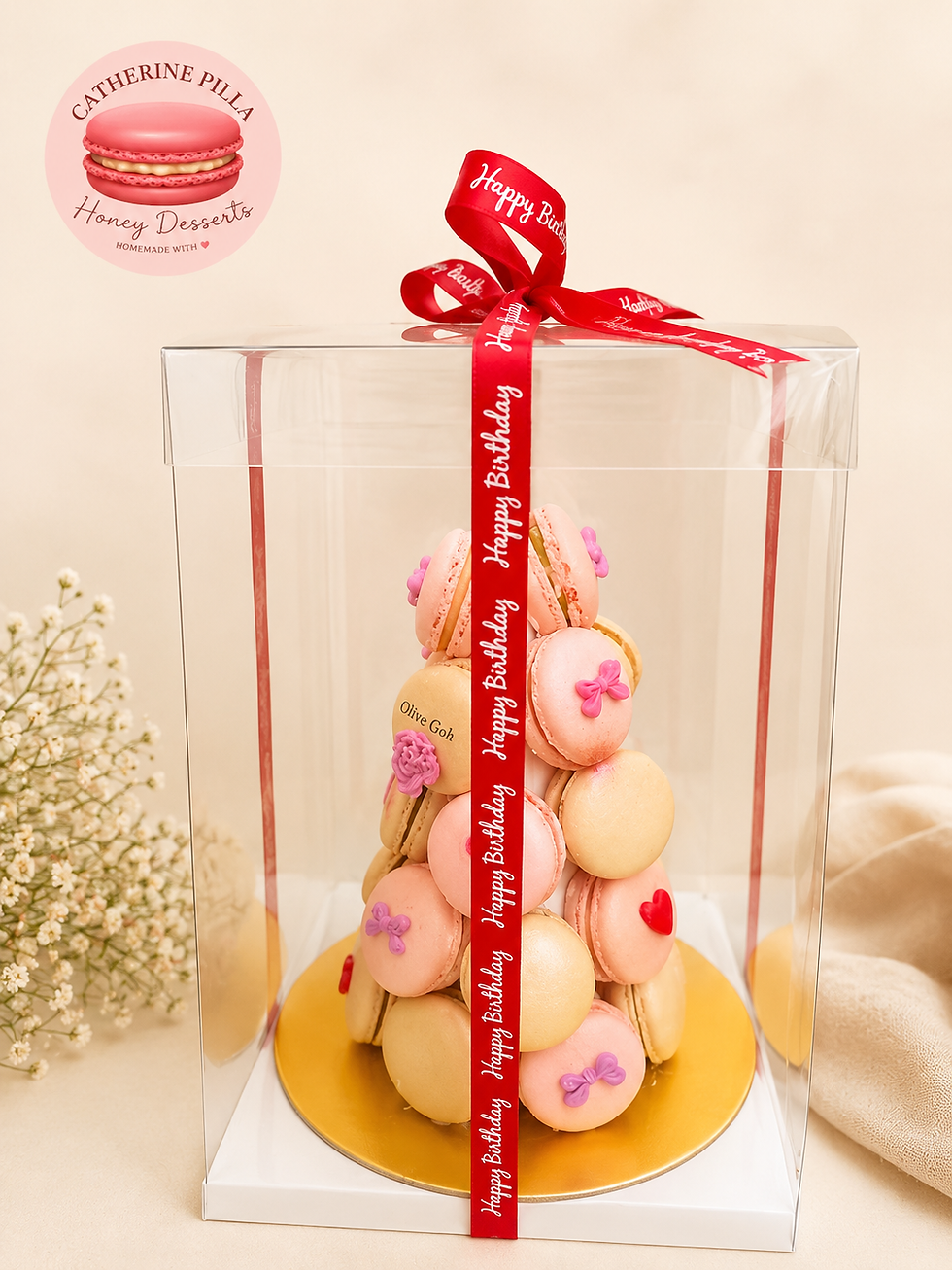 Thumbnail: Mini tower with customized designs of 25 macarons