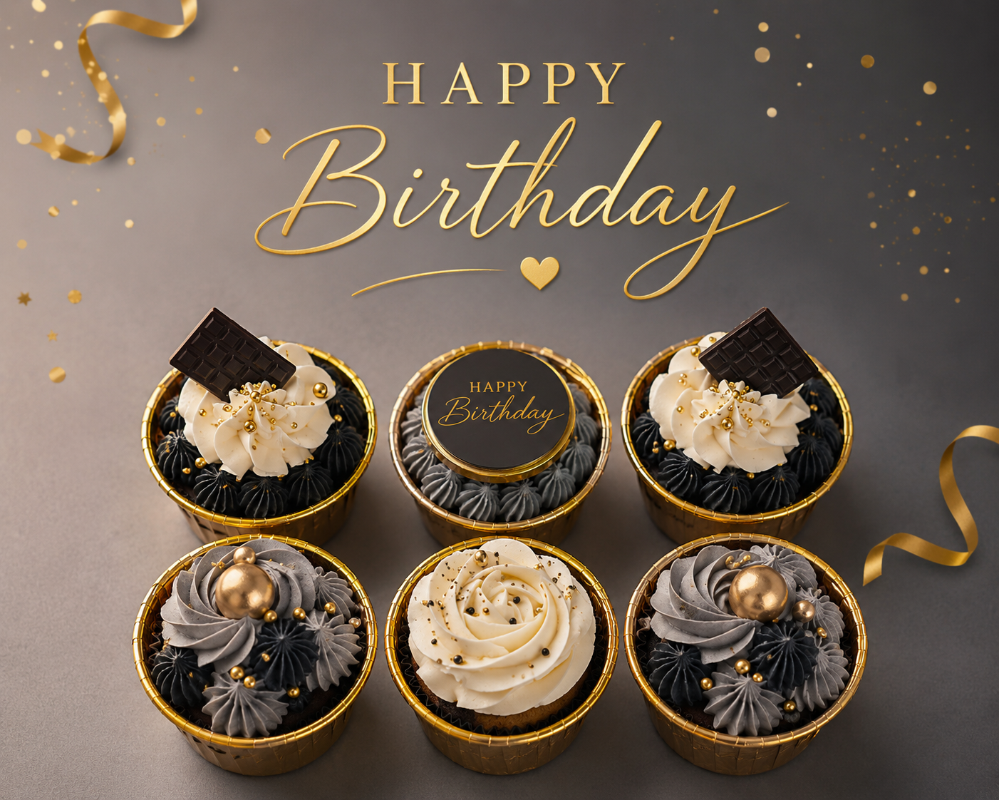Luxury Black & Gold Birthday Cupcakes for Him (Box of 6)