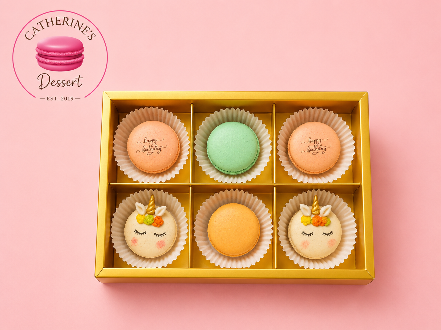 Happy birthday gift box of Unicorn macarons theme