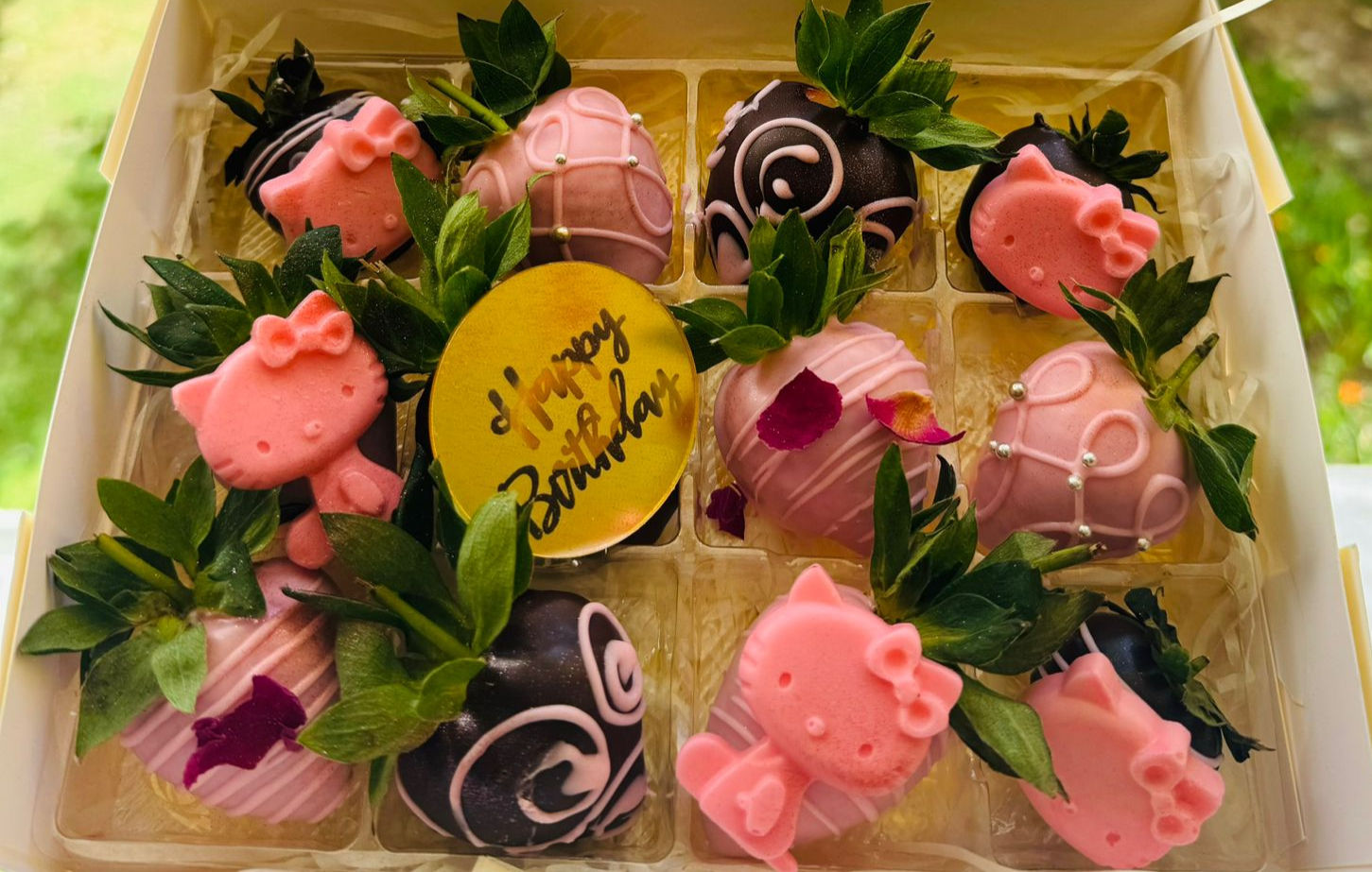 Happy Birthday Hello Kitty theme Strawberries dipped in chocolate
