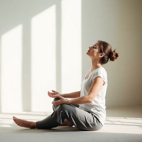 Person sitting peacefully in natural light, relaxed posture, soft focus, neutral colors, c