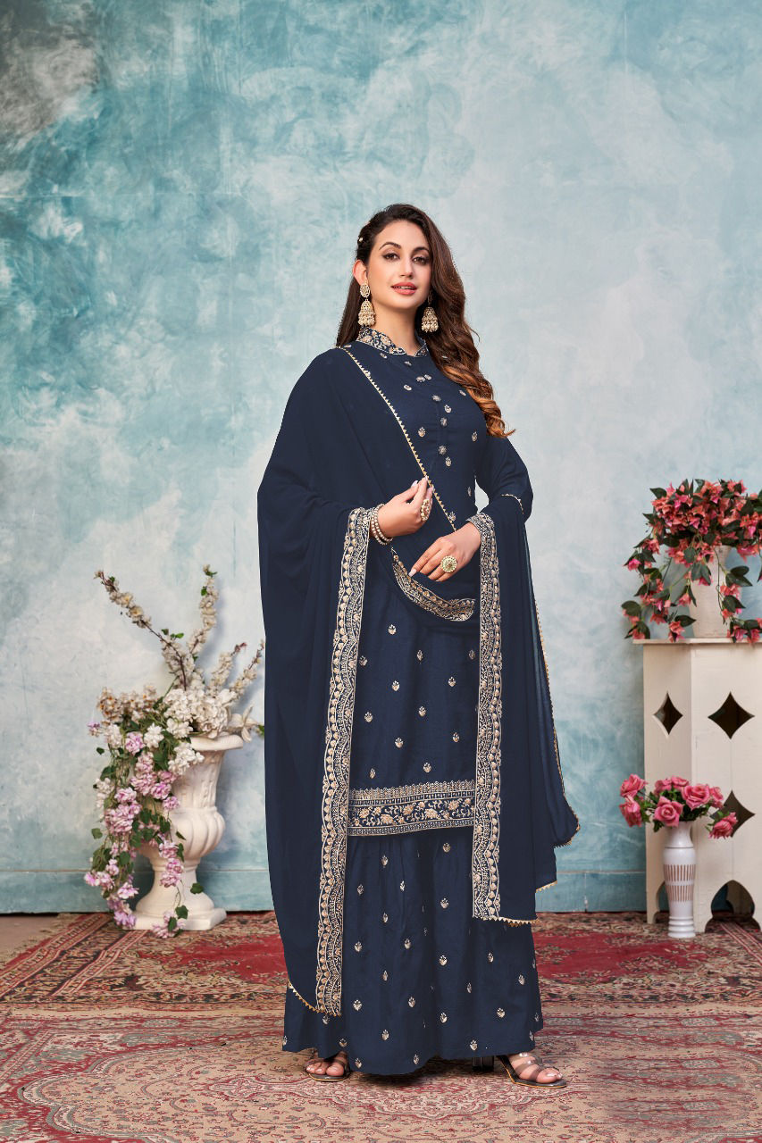 Dark Blue Art Silk Straight Cut Sharara Suit Eid Collection