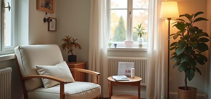 A cozy, warmly lit room set up for a lactation consultation, featuring a comfy chair, a sm