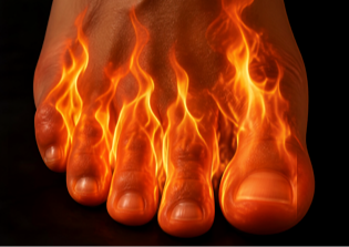 A person's foot with flames within the toes