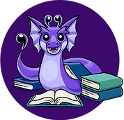 Bookwyrm Editorial logo: a serpentine purple dragon with comma-shaped horns smiles amid a pile of books.