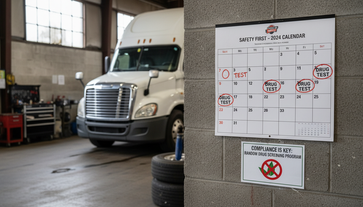 Eye-level view of a marked testing calendar beside a vehicle maintenance bay