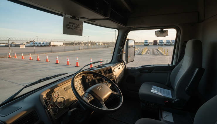 Wide-angle view of an empty truck cab parked beside a quiet inspection lane