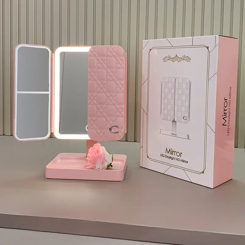 Espelho LED Tri-Fold Maquiagem 3 Tons de Luz Dobrável Portátil Premium