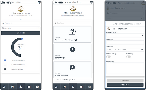 Mobile Ansicht von Urlaubsantrag, Zeitantrag und Krankmeldung in bits-HR – digitale Antragsprozesse einfach und überall verfügbar.