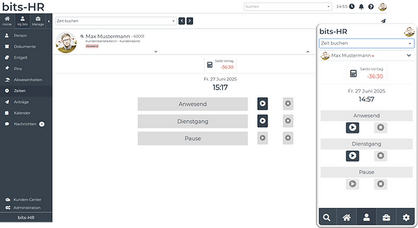 Zeiterfassung in bits-HR – digitale Erfassung von Arbeitszeiten über mobile Geräte und Webbrowser, ideal für flexible Arbeitsmodelle.