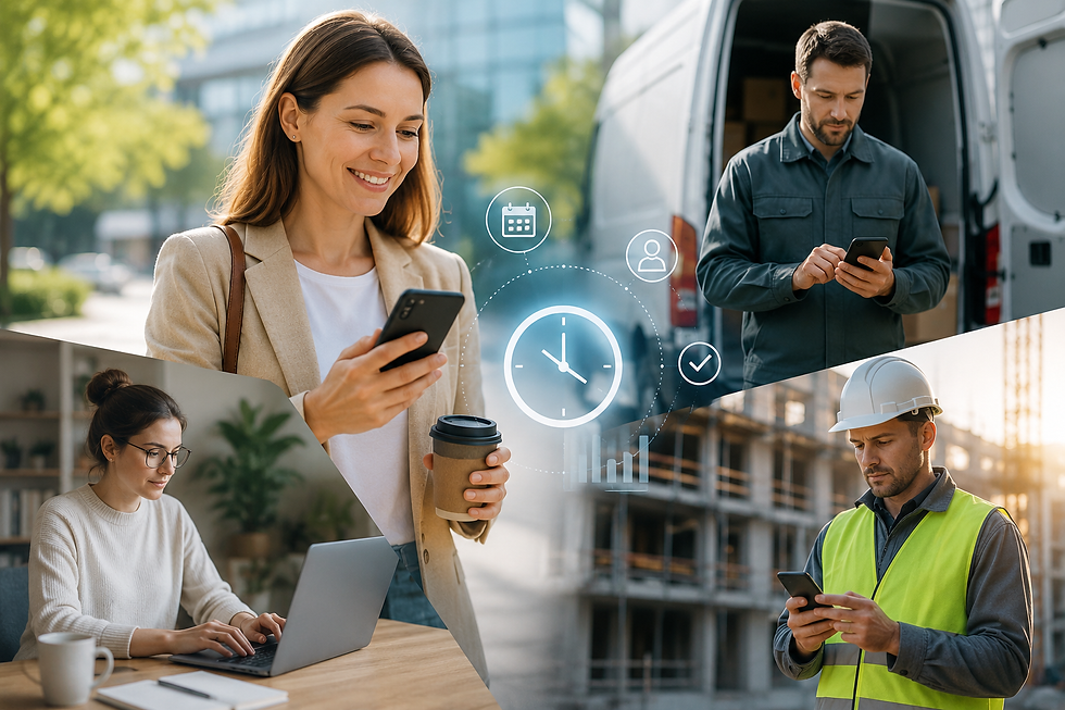 Arbeitnehmer/innen verschiedener Branchen, die die mobile Zeiterfassung nutzen, um ihre Arbeitszeiten zu erfassen