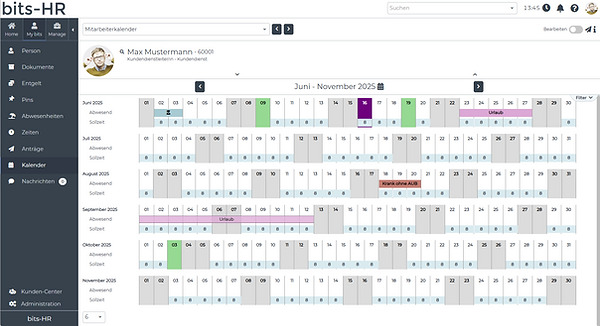 Kalenderansicht der Abwesenheiten in bits-HR – übersichtliche Darstellung von Urlaub, Krankheit und andere Abwesenheiten für Teams und Führungskräfte.