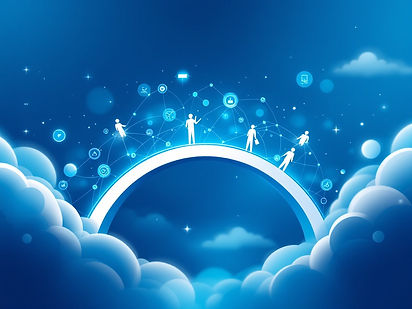 Esta imagem é uma ilustração artística com um estilo minimalista e moderno, dominada por tons de azul. Apresenta um arco ou ponte curva branca sobre um fundo de céu noturno com nuvens estilizadas. Sobre esta ponte, estão dispostas várias silhuetas humanas brancas, como se estivessem caminhando.
No céu, há vários elementos circulares e ícones tecnológicos flutuantes que emitem um brilho suave, criando uma atmosfera etérea e tecnológica. Há também algumas estrelas ou pontos de luz espalhados pelo céu, aumentando a sensação de magia e inovação.