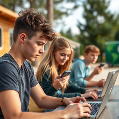 Teenagers using internet at holiday park
