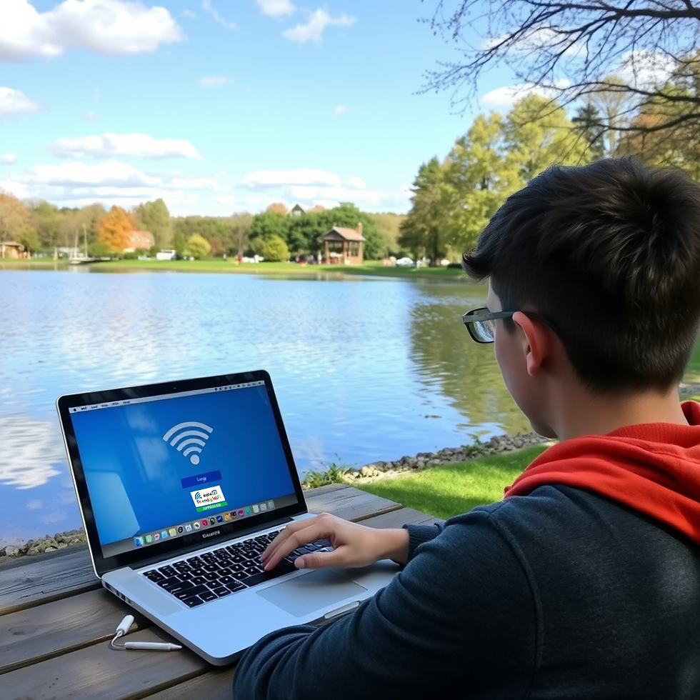 teenager using Internet at lake