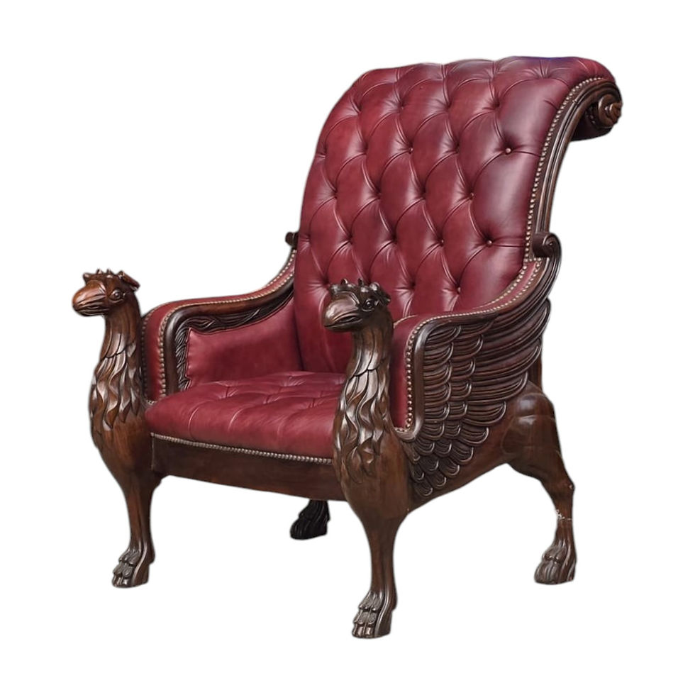 Tufted Backrest, Burgundy Leather Upholstery Armchair With Ornate Carved Wood Dragon-shape