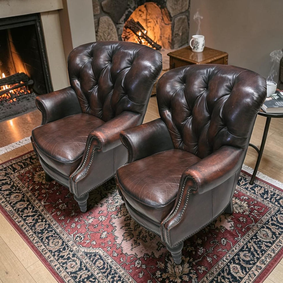 Pair Of Vintage Brown Leather Armchair With Ottoman (1)