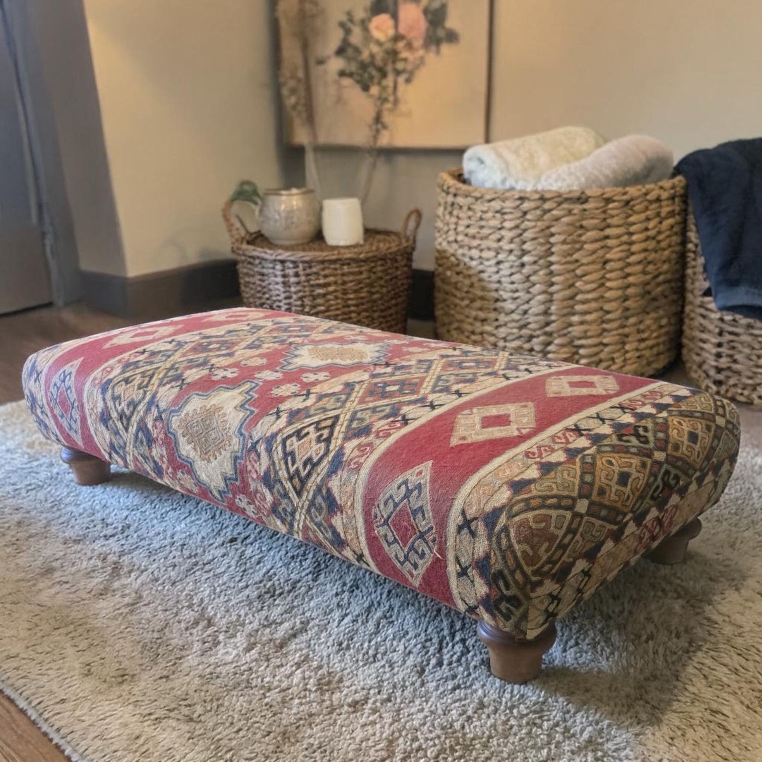 Vintage Upholstered Ottoman Or Footstool