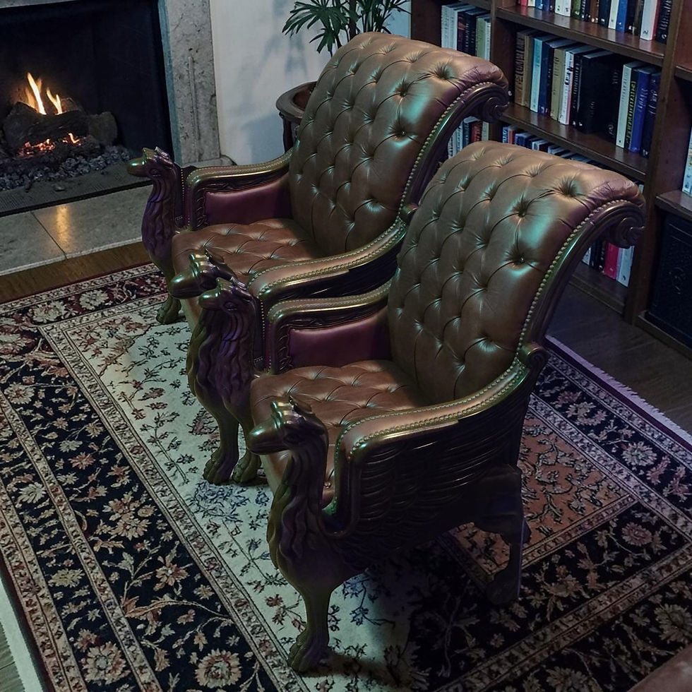 Thumbnail: Burgundy Leather Armchair With Carved Wood Dragon-shaped Arms