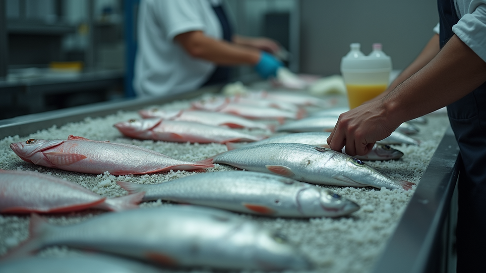 Close-up view of a fish processing machine in action