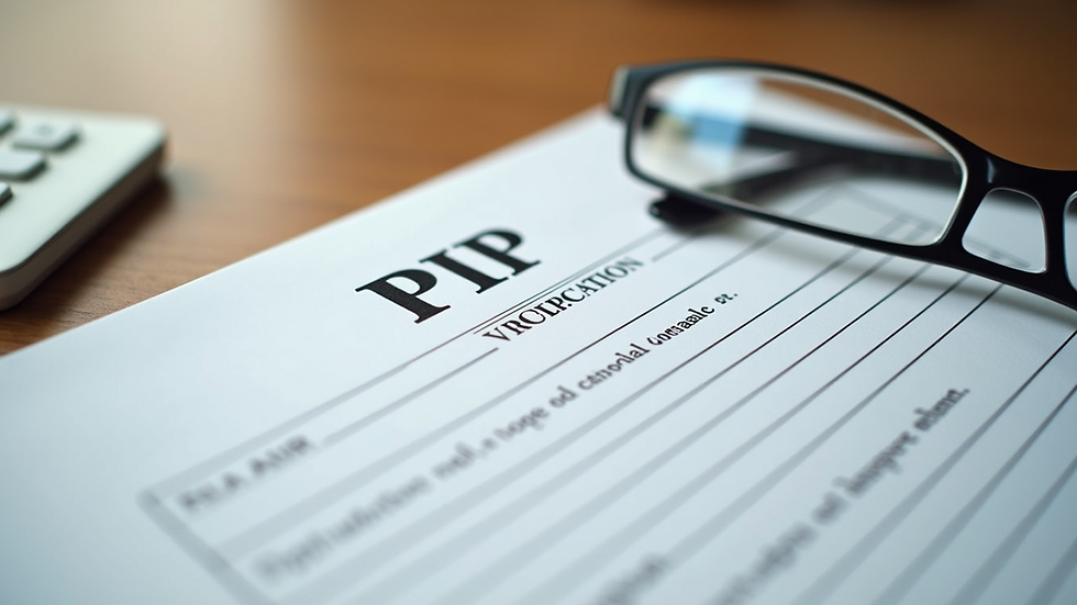 Close-up view of a completed PIP application form on a wooden table