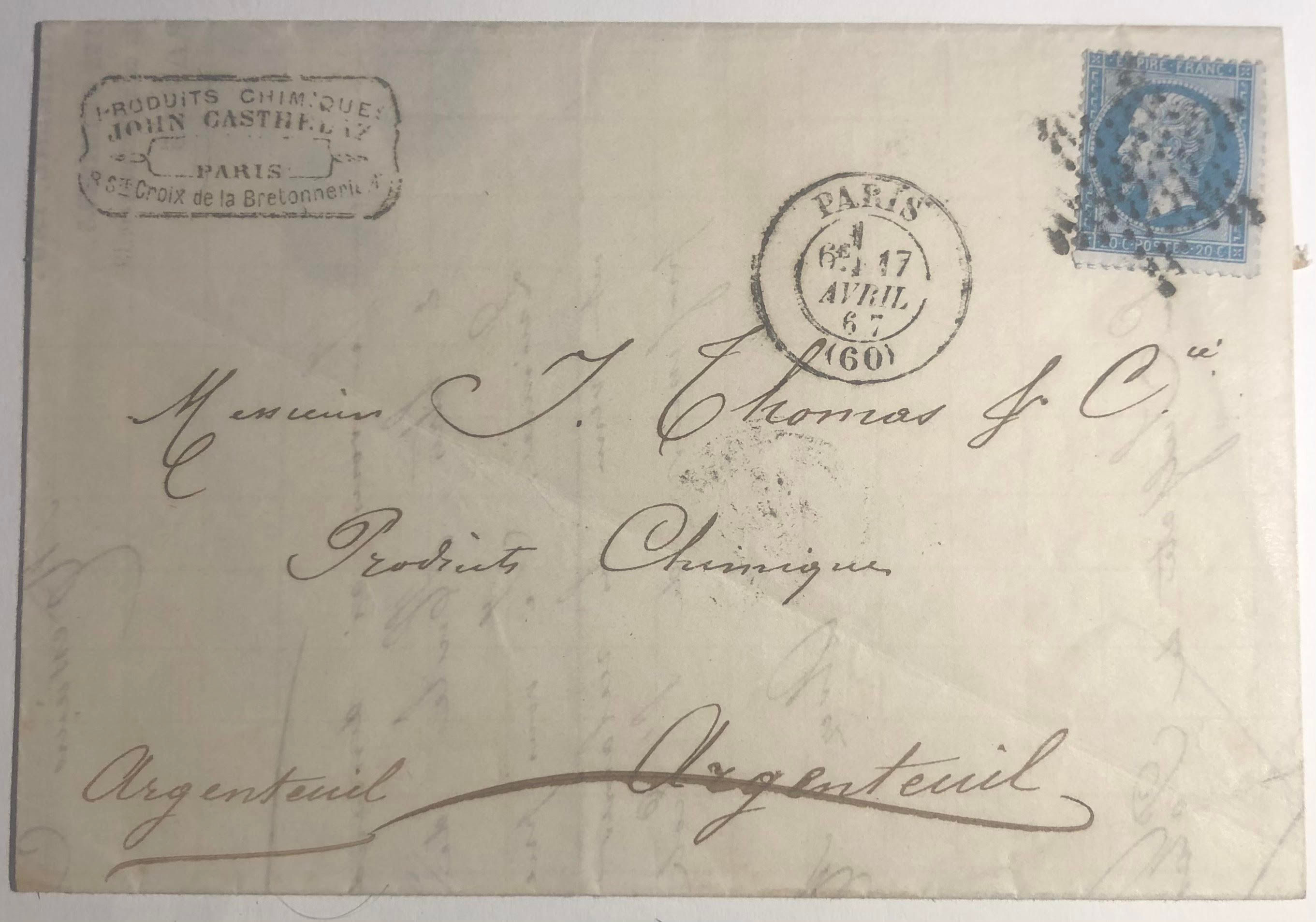 Lettre affranchie à 20c en étoile de Paris muette sur n°22