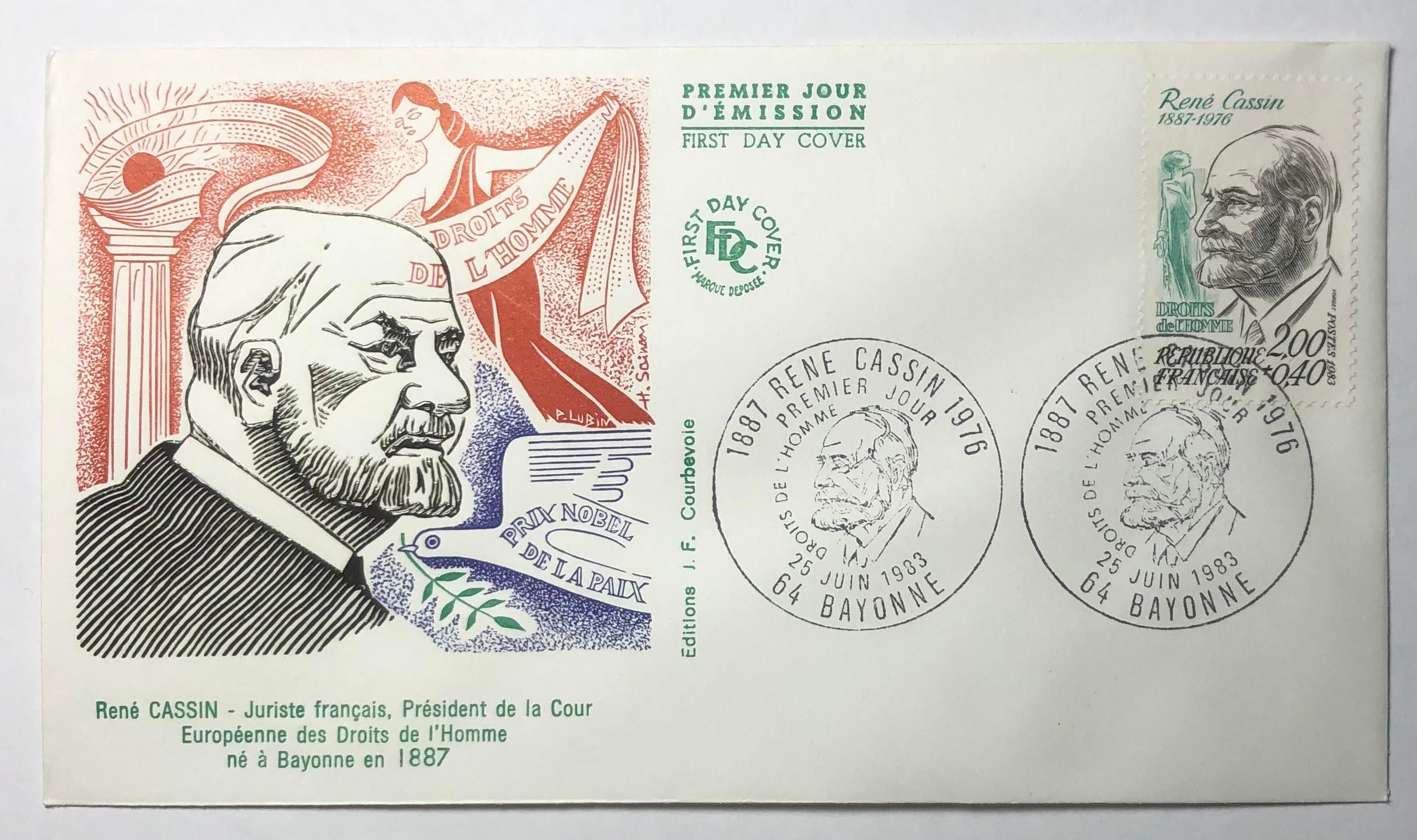 Enveloppe Premier jour d’émission à l’effigie de René Cassin