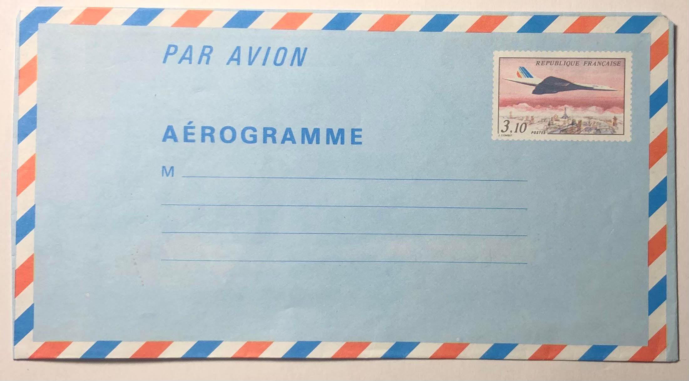 Lettre en aérogramme – entier postal 3f10 Concorde