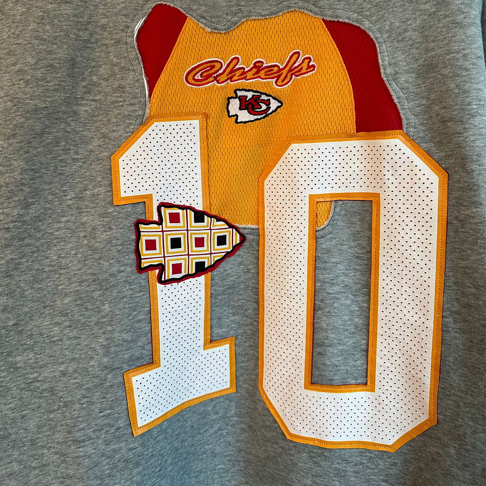 Pacheco custom-made sweatshirt with sewn on details upclose