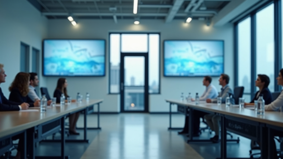Eye-level view of conference room with water treatment equipment displays