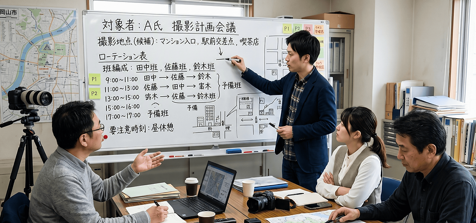 会議室で調査対象者に対する撮影会議を行う探偵事務所のスタッフが地図と進行表をホワイトボードに書き込み、他の3人の探偵スタッフに説明している。