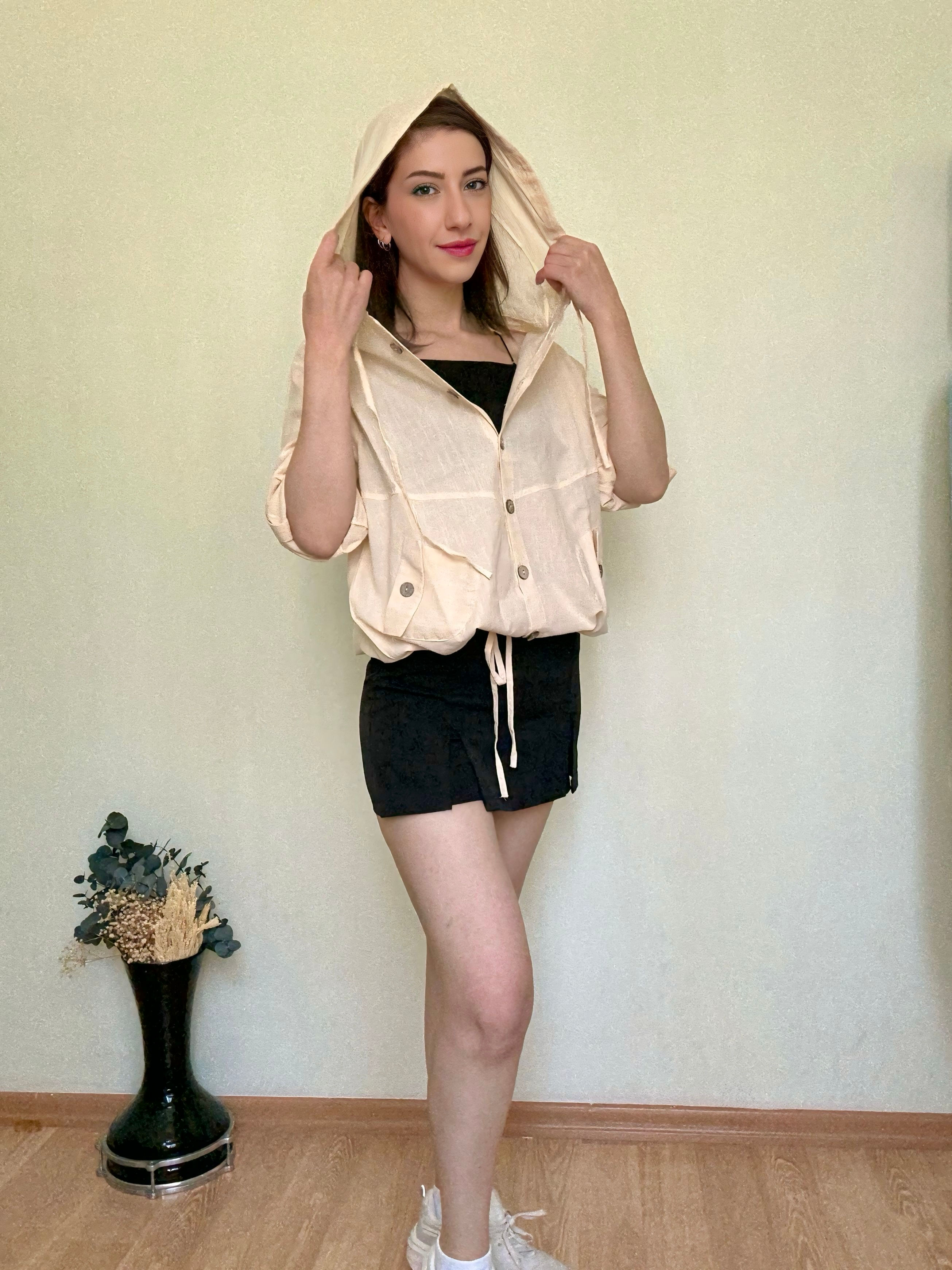 Cep Detaylı Düğmeli Kapüşonlu Keten Gömlek/Ceket -KREM