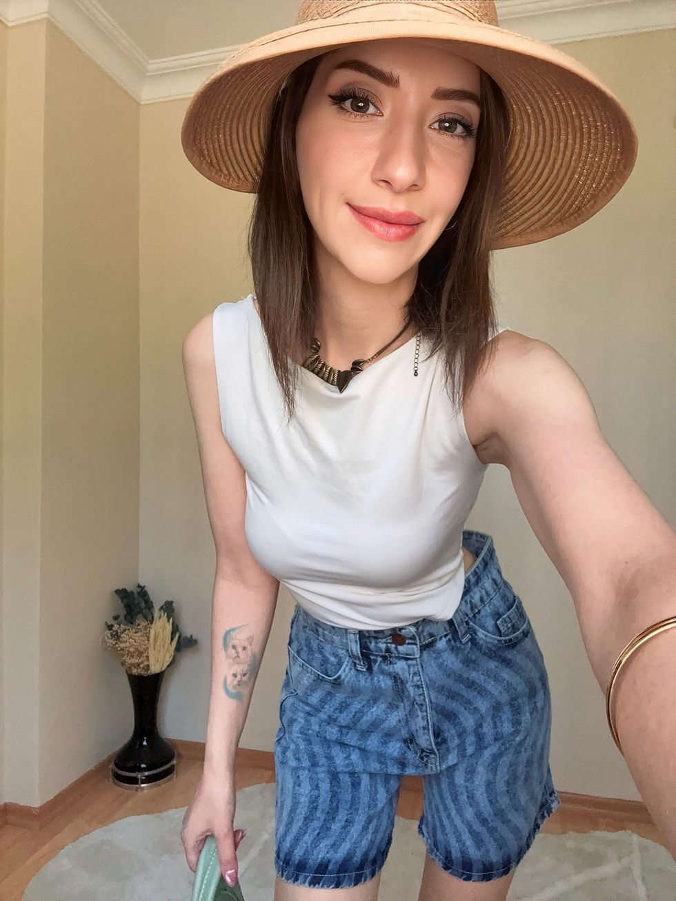 Yıkamalı Desenli Denim Şort - Püskül Çizgili