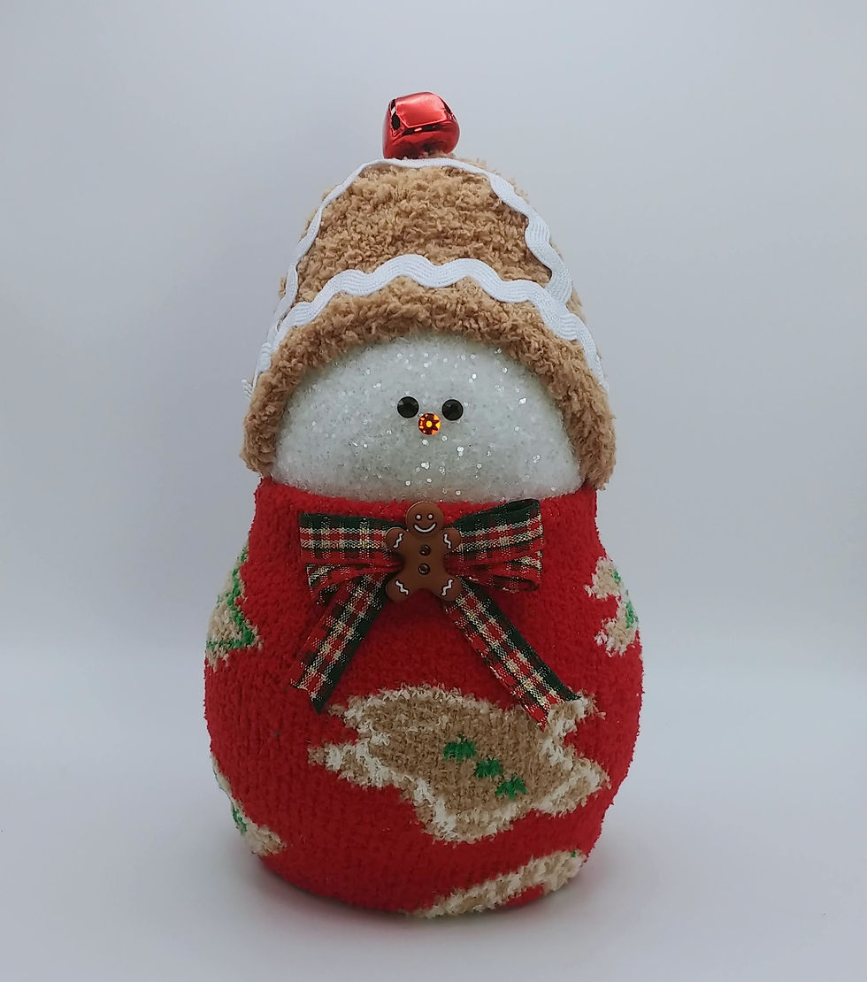 3D printed and handcrafted snowman, in a gingerbread design.