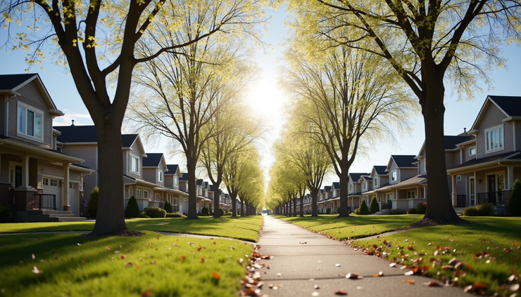 Eye-level view of a Calgary residential neighborhood with houses and trees in spring