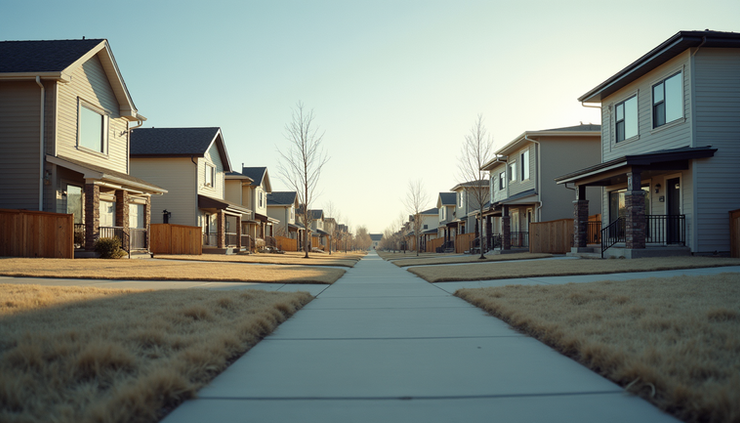 Eye-level view of a Calgary residential neighborhood with modern houses and clear skies