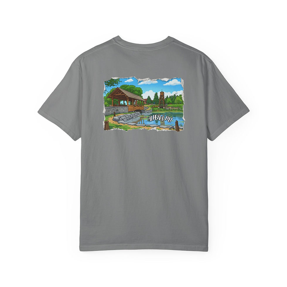 Thumbnail: Alpena Scenic Covered Bridge T-Shirt —  Vintage Covered Bridge River Design