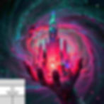 A glowing cityscape rests in a giant hand amid a vibrant pink and green cosmic swirl. Text: Philosocom Article Empire. Surreal and mystical mood.