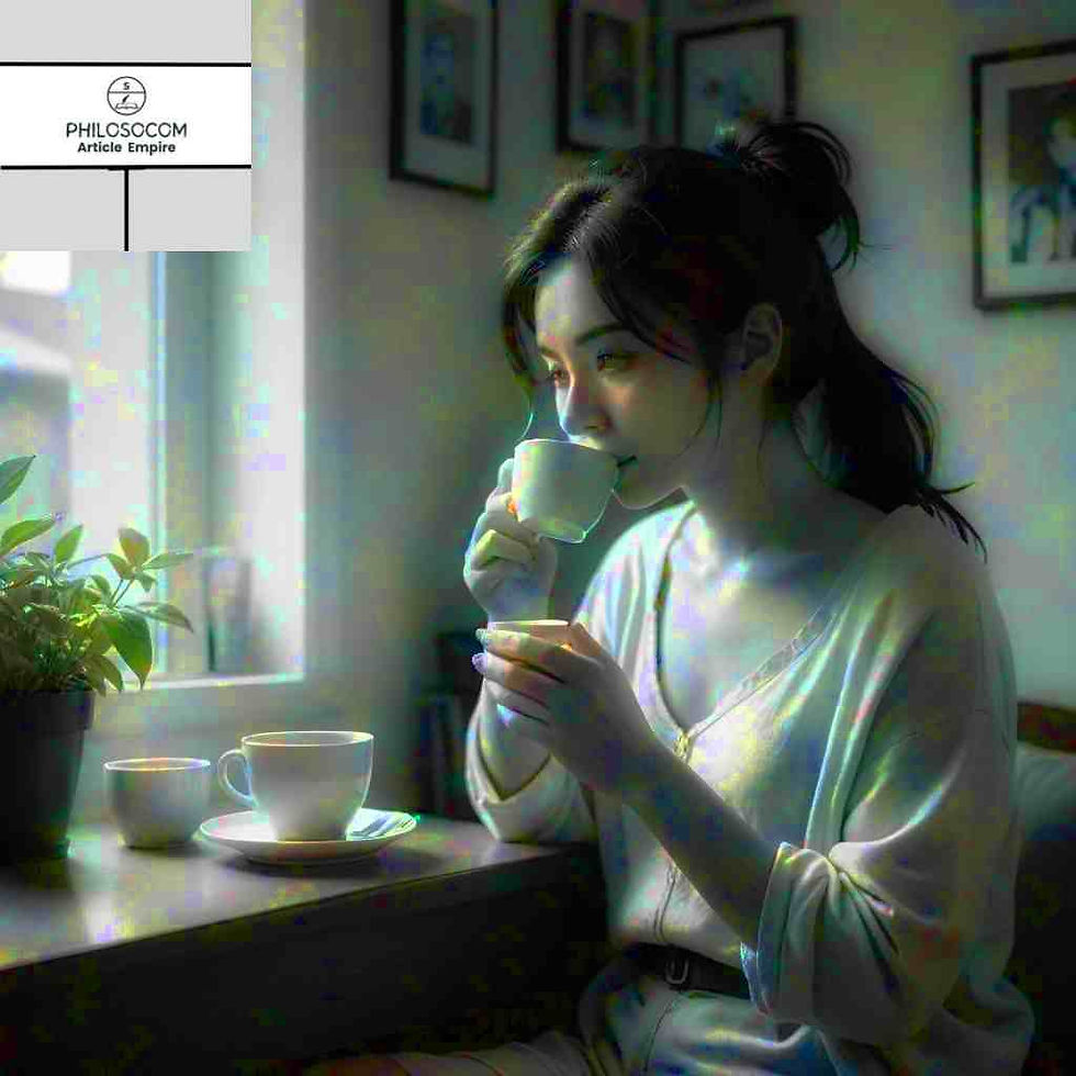 A woman drinks tea by a window beside a plant, wearing a loose top. Soft light creates a serene atmosphere. Text: "Philosocom Article Empire."