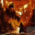 A shadowy man observes a giant hooded figure and a burning metropolis.