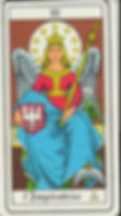 Tarot card of "L'Impératrice" showing a crowned woman with wings, sitting, holding a scepter and shield. Stars in the background.