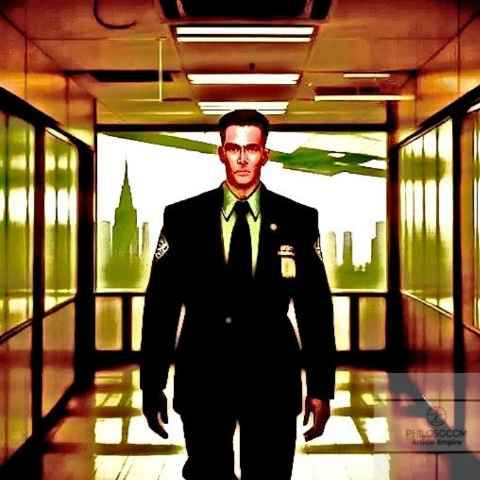 A police officer walking in a corridor.